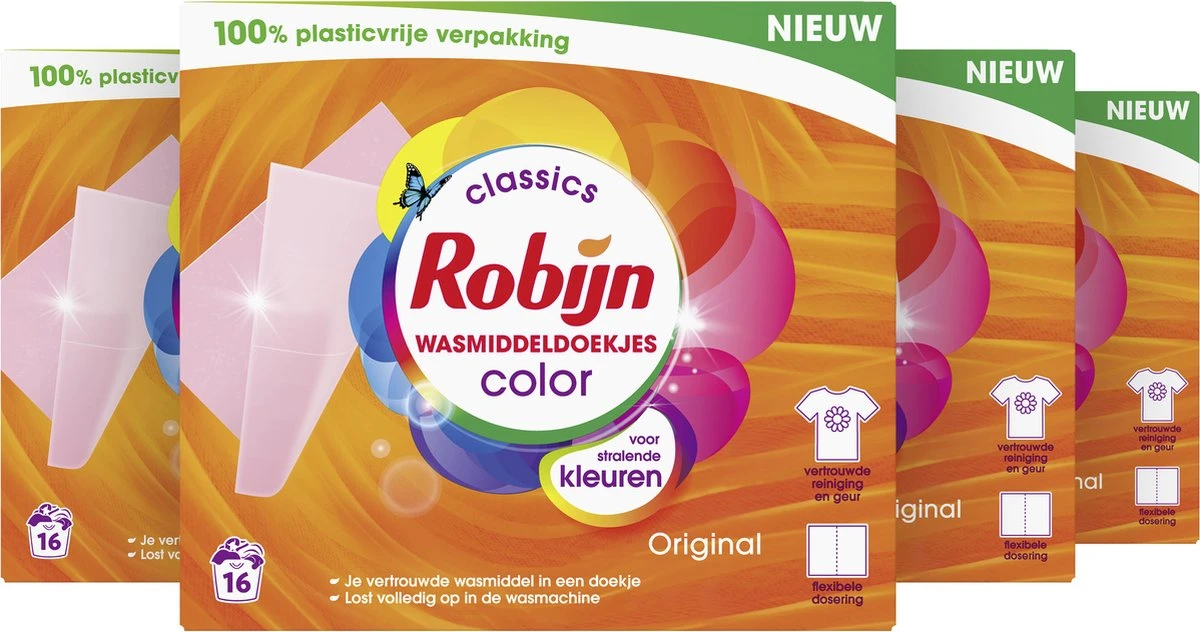 Robijn Classics Color Wasmiddeldoekjes - 4 X 16 Wasstrips - Voordeelverpakking 4 Robijn Classics Color Wasmiddeldoekjes - 4 X 16 Wasstrips - Voordeelverpakking - Afbeelding 2