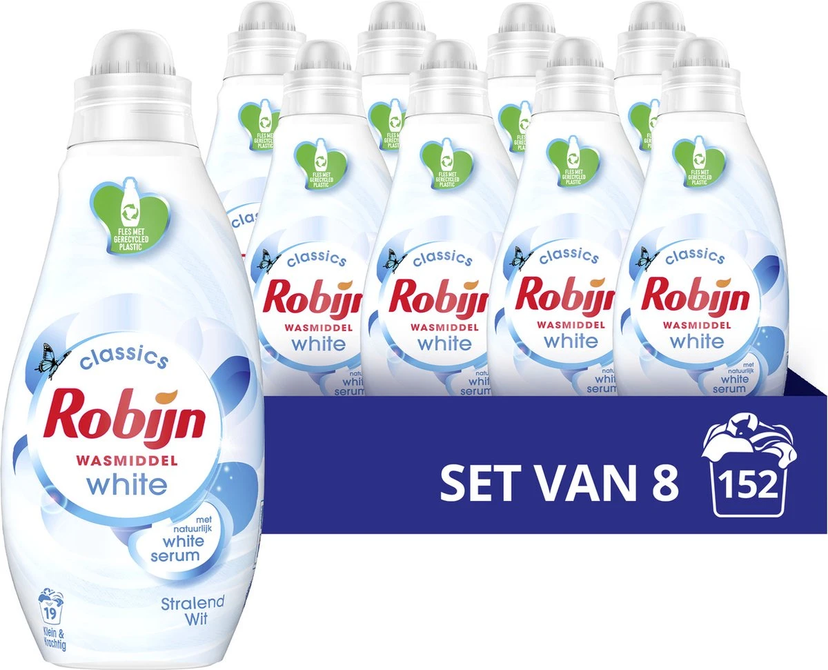 Robijn Klein & Krachtig Stralend Wit Vloeibaar Wasmiddel - 8 X 19 Wasbeurten - Voordeelverpakking 3 Robijn Klein & Krachtig Stralend Wit Vloeibaar Wasmiddel - 8 X 19 Wasbeurten - Voordeelverpakking