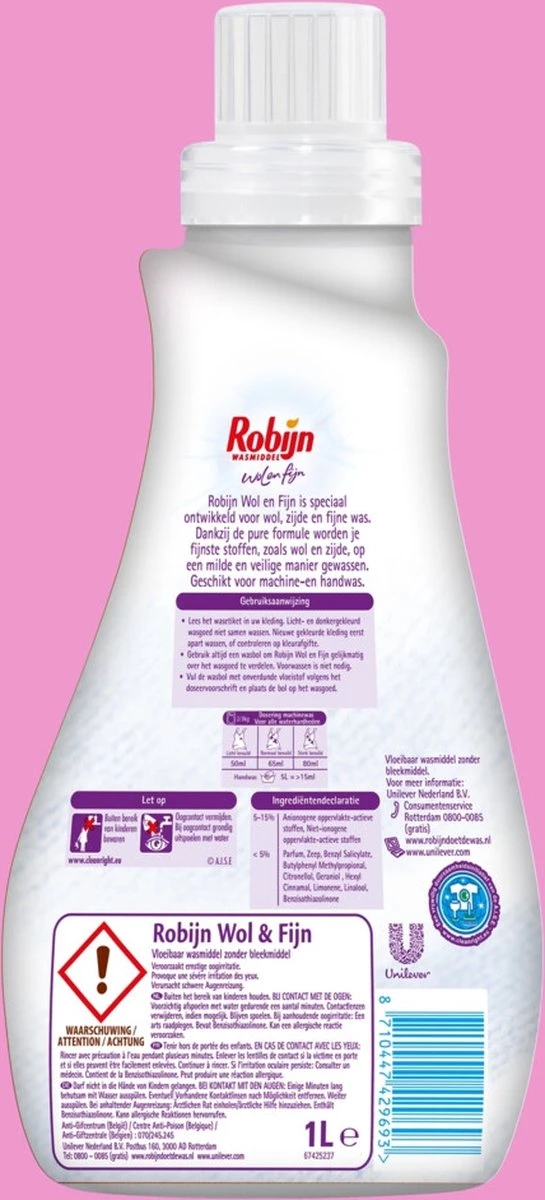 Robijn Wol & Fijn Vloeibaar Wasmiddel - 5 X 20 Wasbeurten - Voordeelverpakking 4 Robijn Wol & Fijn Vloeibaar Wasmiddel - 5 X 20 Wasbeurten - Voordeelverpakking - Afbeelding 2